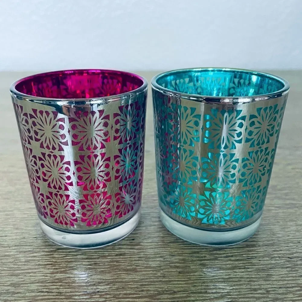 Mirrored Pink Blue Candle Holders Set